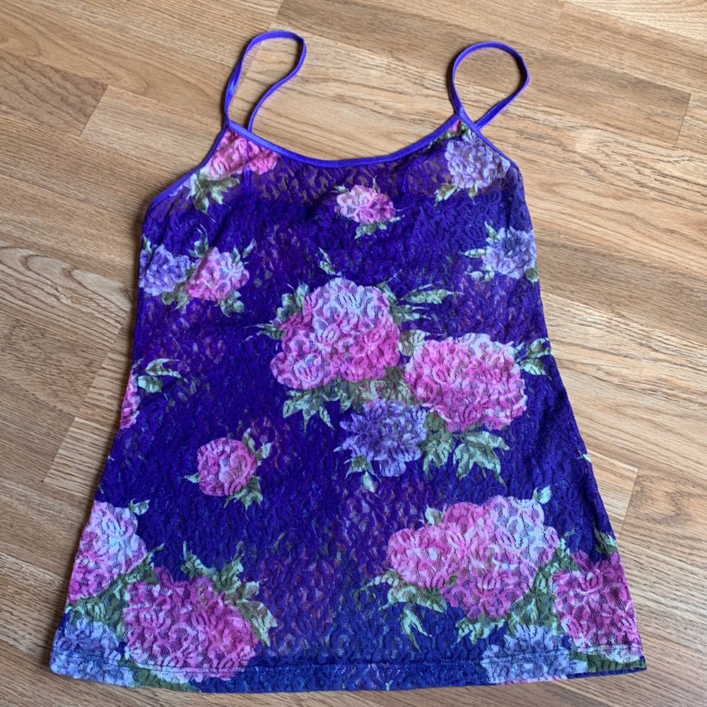 Wet Seal purple, pink, green lace floral, spaghetti strap tank top. Size Large.